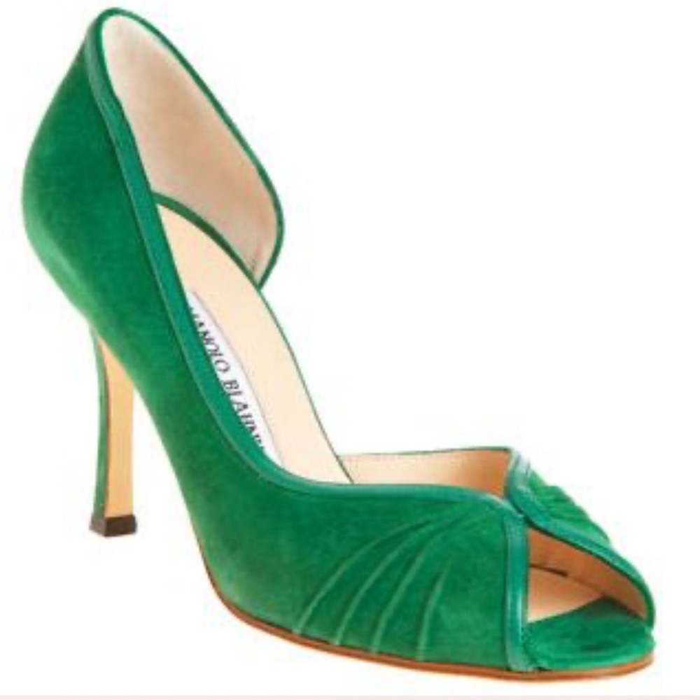 Gorgeous Manolo Blahnik “Deci” Green Peep-Toe Heels size 36 w dust bag EUC